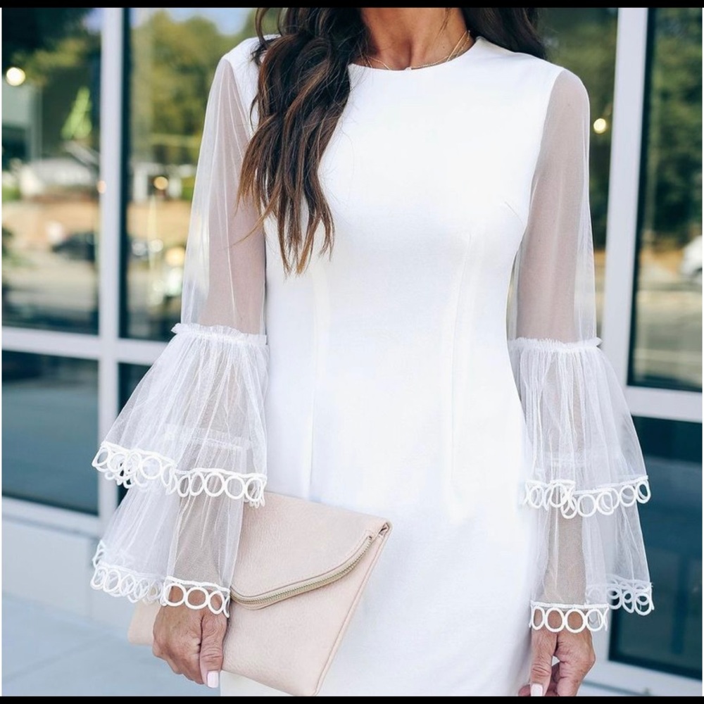 Here She Comes Lace Bell Sleeve Dress